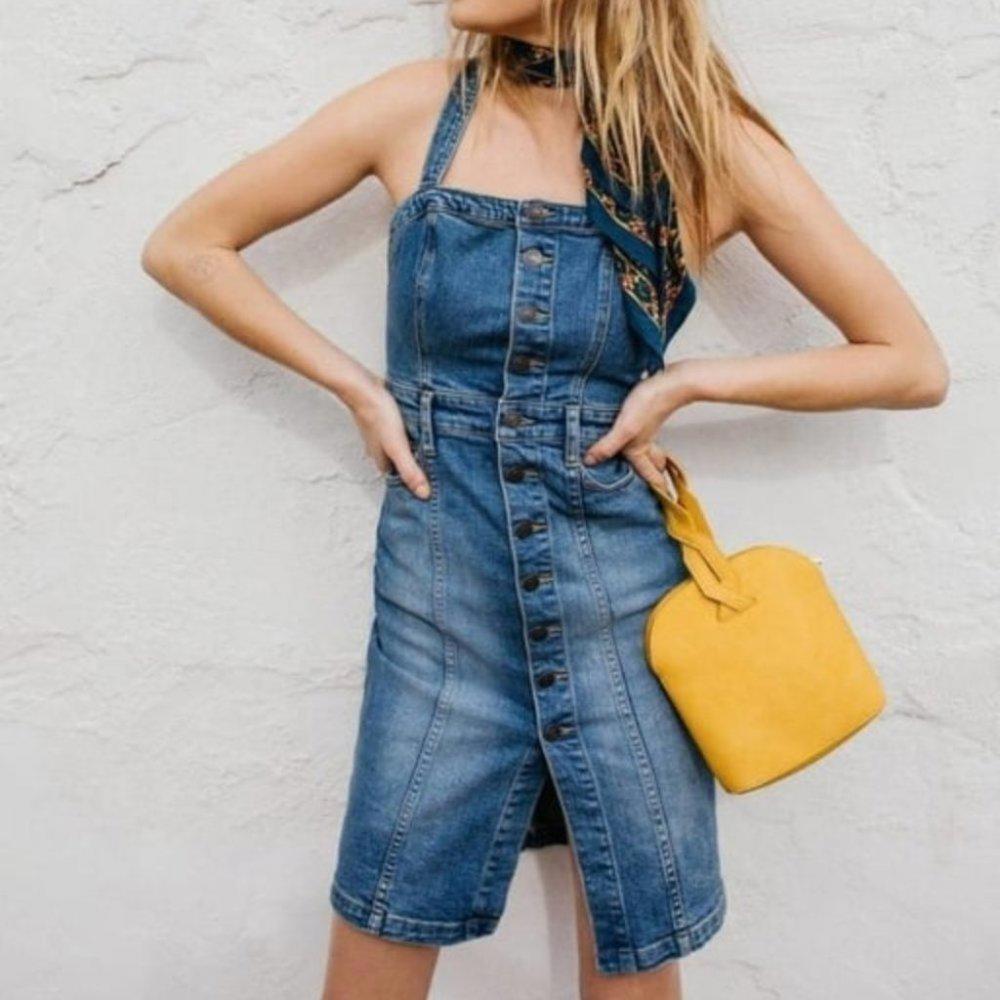 Free People Gracie Denim Pinafore Button Front Jumper